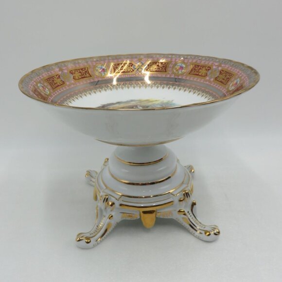 Rare LIMOGES Pedestal FOOTED Bowl Gilded Accents Romantic Scene VTG -  Repaired - Picture 2 of 11